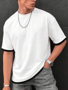 Camiseta de verano versátil y de moda para hombres, diseño de 2 en 1 con contraste de colores, cuello redondo regular, tela de punto transpirable, adecuada para uso diario - Blanco - Ver 2