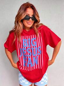 Big Jesus Fan Graphic Top-Loose-Fit Easy Relaxed Style, - Red - View 1