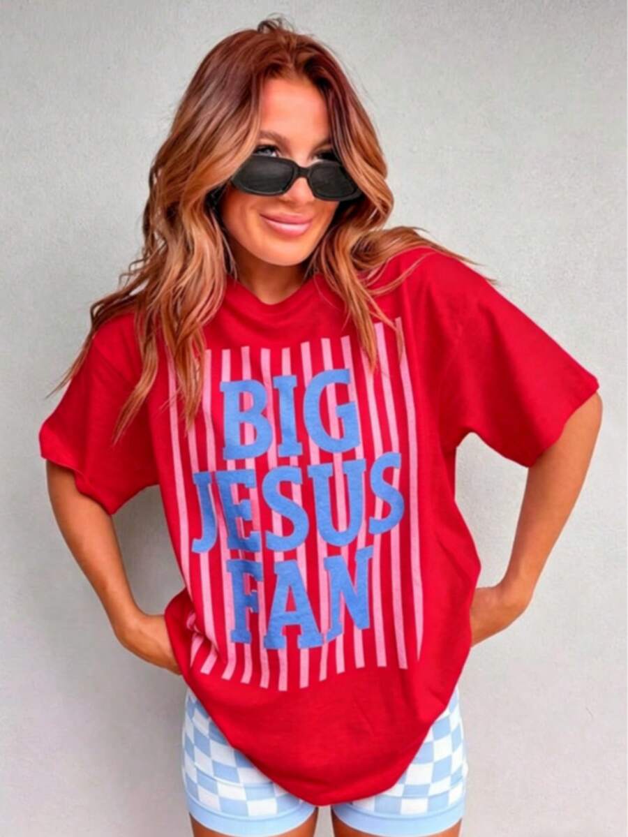 Big Jesus Fan Graphic Top-Loose-Fit Easy Relaxed Style, - Red - View 1