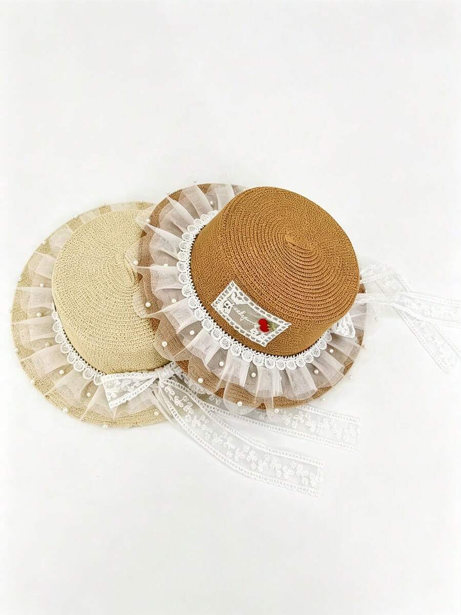 1顶甜美洛丽塔风格草帽，带樱桃贴片，仿珍珠蕾丝边，透气夏季沙滩帽 - 彩色 - 查看 1