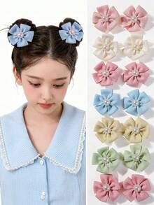 10pcs/Set Colorful Pearl Flower Fabric Floral Hair Clips, Cute & Sweet Hair Accessories For Girls, Suitable For Daily Use - Multicolor - View 2
