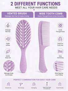 2pcs Oval Hollow Textured Hair Brush Set, Scalp Massage Comb And Wide-Tooth Comb, Anti-Static Wet & Dry Use, Gentle No Pulling, Reduce Breakage And Frizz, Add Volume, Suitable For Curly/Straight/Coarse Hair Women And Girls Daily And Salon Use Portable Brush Set - Multicolor - View 2