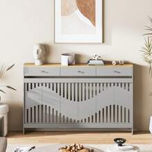 Jooli H Radiator Cover With Drawers, Grey Wooden Radiator Shelf Pipe Covers Cabinet With Wavy Grill For Living Room Bedroom Hallway - 灰色+木紋 - 查看 10
