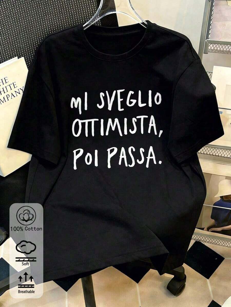 -Women's Shirt, 100% Cotton, White, Short Sleeves, With Italian Slogan Print, Size, New Style For Spring/Summer/Autumn/Winter, Women's Sportswear, Soft And Breathable, Suitable For Holidays. - White 8 - View 1