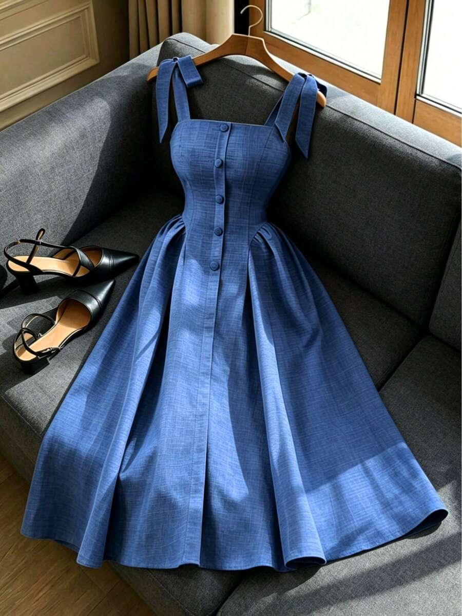 Nuevo vestido camisero de dos tonos tejido, elegante y versátil para oficina y uso casual para mujeres - Azul - Ver 1