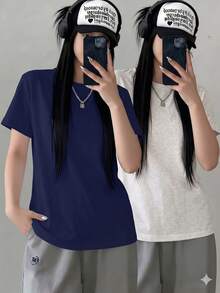 2件裝女款夏季新款素色休閒寬鬆短袖T恤上衣 - 灰色+藍色 - 查看 3