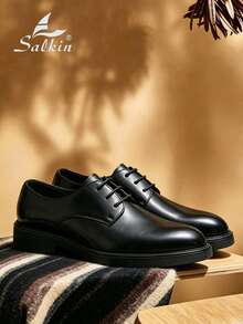 Salkin Giày Derby nam da thật buộc dây mũi tròn sang trọng cổ điển, giày tây lịch lãm cho công sở, đi làm, văn phòng, mặc thường ngày, đi học, sinh viên, màu đen, mềm mại, thoải mái, đế cao su chống trượt. - màu đen - Xem 2