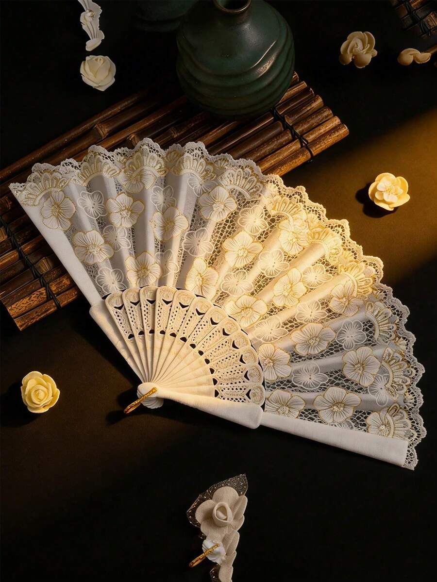 Elegant White Lace Floral Embroidered Gold Hand Fan - Vintage Spanish Style Folding Fan Suitable For Weddings, Parties And Summer Events,Camping,Travel Essential - White - View 1