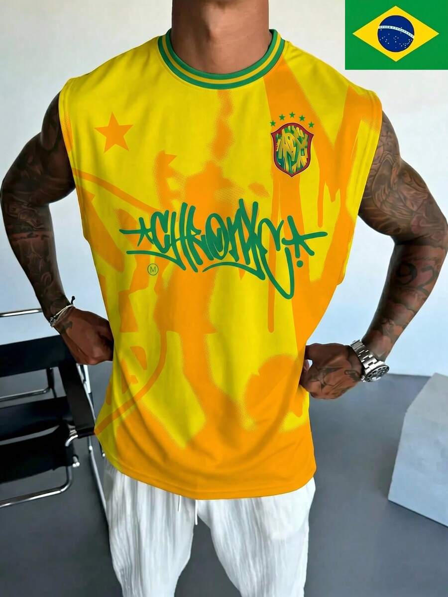 FRACTYR 男士夏季休闲街头风巴西黄绿色涂鸦印花篮球服，双面设计，宽松版型，美式嘻哈风格，透气亲肤无袖背心 - 黃色 - 查看 1