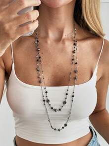 2pcs Elegant Double-Layer Long Necklace Set With Faux Pearl And Silver Beads, Bohemian Style Suitable For Daily Wear And Parties, Ideal Gift For Christmas, Valentine's Day, All Seasons, Weddings, Friends - Long Necklace - View 11