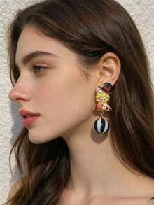 1 Pair 2pcs Clown Student Party Earrings, Basketball Star Dopamine Yellow Earrings, Suitable For Women To Wear On Dates, Parties, Banquets, Personalized Exaggerated - Yellow - View 2