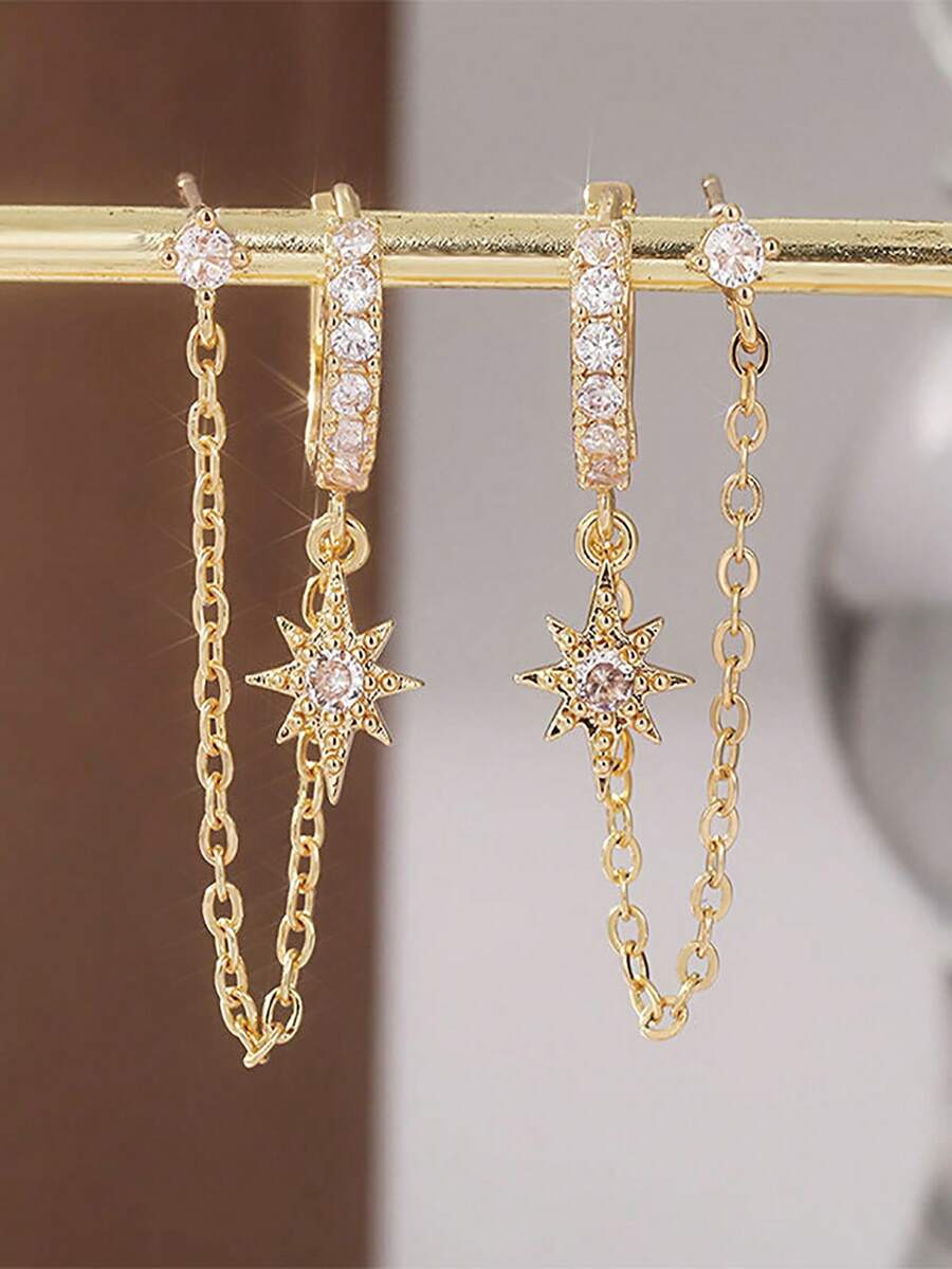 1 đôi bông tai mặt dây chuyền hình ngôi sao bát giác đính đá Cubic Zirconia sang trọng dành cho nữ, dây chuyền vàng, kiểu dáng xếp lớp, trang sức dự tiệc.