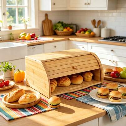 Caja de pan de bambú de 38*26*16,5 cm para encimeras de cocina, caja grande de madera para almacenar alimentos con tapa enrollable, caja de almacenamiento retro para bagels, muffins, cupcakes y galletas, caja de pan de bambú natural con tapa enrollable, caja de almacenamiento de alimentos de cocina - requiere ensamblaje