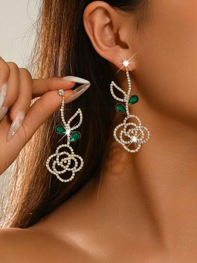 1 paar holle bloemhanger oorbellen, rozenoorbellen, zilveren lange gepersonaliseerde oorbellen, dames feest-, cocktail- en bruidsaccessoires