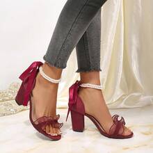 Burgunderrote Perlen-Schleife Chunky High Heel Sandalen - Bordeaux - Übersicht 5
