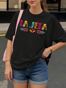 Camiseta Negra con Estampado La Jefa y Flores Coloridas para Mujer Casual - Negro - Ver 1