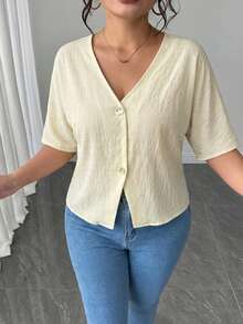 PARARAL Ropa Casual de Verano para Mujer Talla Grande - Top de Manga Corta con Tela Texturizada Estilo Vacaciones, Top de Verano para Mujer, Ropa de Vacaciones para Mujer, Top Casual para Mujer, Top de unicolor para Mujer - Albaricoque - Ver 6
