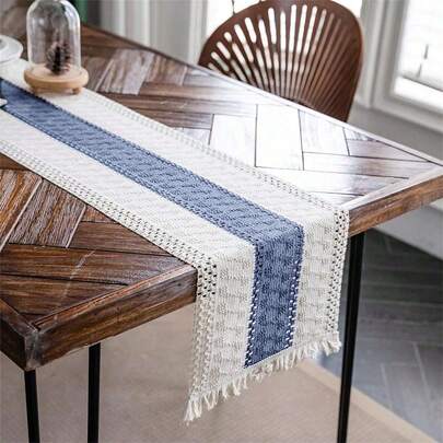 1pc Luxury Elegant Premium Cotton Linen Rustic Boho Embroidered Tassel Decorative Dining Table Runner For Home