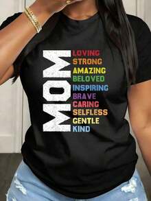 Playera de mujer 100% algodón manga corta cuello redondo gráfico de frase "Mom" con colores vibrantes para verano - Negro - Ver 6
