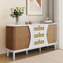 Dining Room Cabinet, Rattan Drawer Cabinet, Drawer Cabinet With Sliding Door, Adjustable Laminate, Curved Countertop - Khaki - View 3