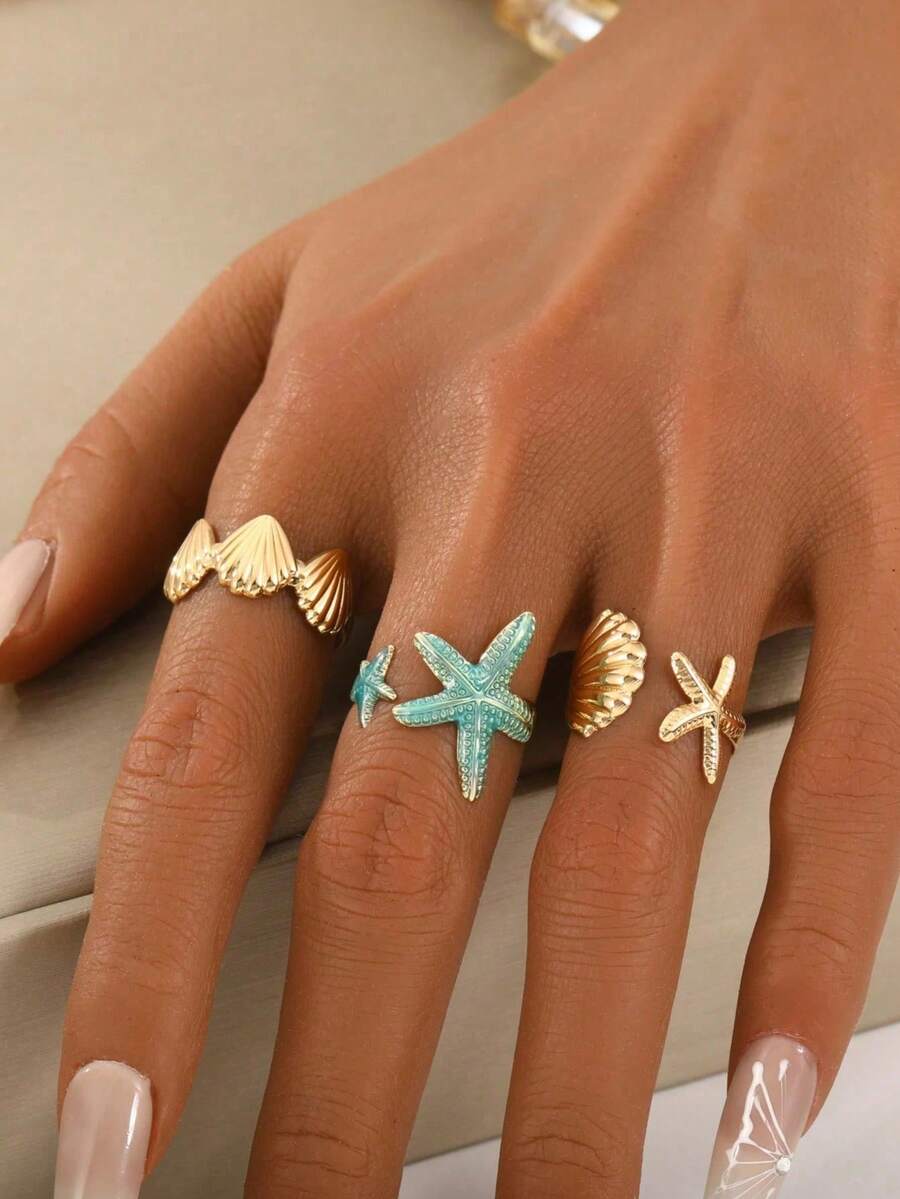 Bộ 3 chiếc nhẫn hở điều chỉnh được kiểu dáng đại dương, thiết kế sao biển và vỏ sò màu xanh dương, phù hợp cho sử dụng hàng ngày, văn phòng, bãi biển, tiệc tùng, kỳ nghỉ, tuyệt vời để làm phụ kiện chụp ảnh, cũng có thể là quà tặng dự tiệc/ngày lễ. - Nhiều màu - Xem 1