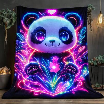 1 chiếc chăn họa tiết gấu trúc neon và hoa - Chăn vải flannel nhẹ, thích hợp cho ghế sofa, giường, du lịch, cắm trại, phòng khách, văn phòng, ghế dài và giường ngủ - Chăn vải flannel mềm mại, ấm áp, in kỹ thuật số.