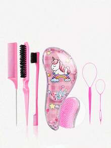 3/6-Piece Makeup Brush Set, Featuring Various Adorable Unicorn Combs To Choose From, Flip-Forward Styling Tools, Hair Band Scissors, Edge Brushes, Bristle Brushes, Teasing Combs. Suitable For Grooming, Styling And Cleaning. Suitable For Salon Use (In Pink And Purple) - Multicolor - View 16