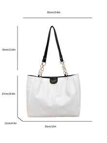 Fashionable Striped Handbag - Women's Large Capacity Shoulder Bag - Zipper Tote Bag For Daily Use With Metal Chain - White - View 5