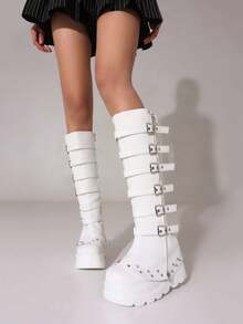Botas altas de mujer con estilo Y2K, de metal negro, estilo punk, combinación de plataforma alta, botines hasta la rodilla con cremallera y hebilla, leggings, botas de estilo navideño y de Halloween - Blanco - Ver 9