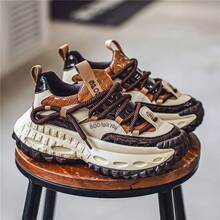 Men's Retro Chunky Dad Shoes, Lace-Up Thick Sole Height Increasing Casual Sports Sneakers For Streetwear - Brown - View 6