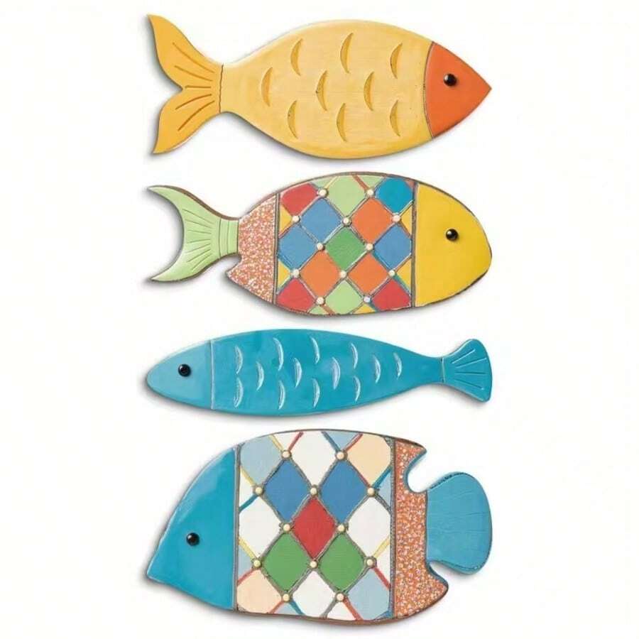 2D平面印刷普陀裝飾 4件組海洋主題魚類牆貼木製標誌裝飾，居家牆面藝術