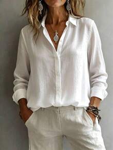 Fashionable Elegant Long Sleeve Collared Shirt Women Versatile Loose Casual Commute Top Solid Color Button Front Daily Office Blouse White - White - View 1