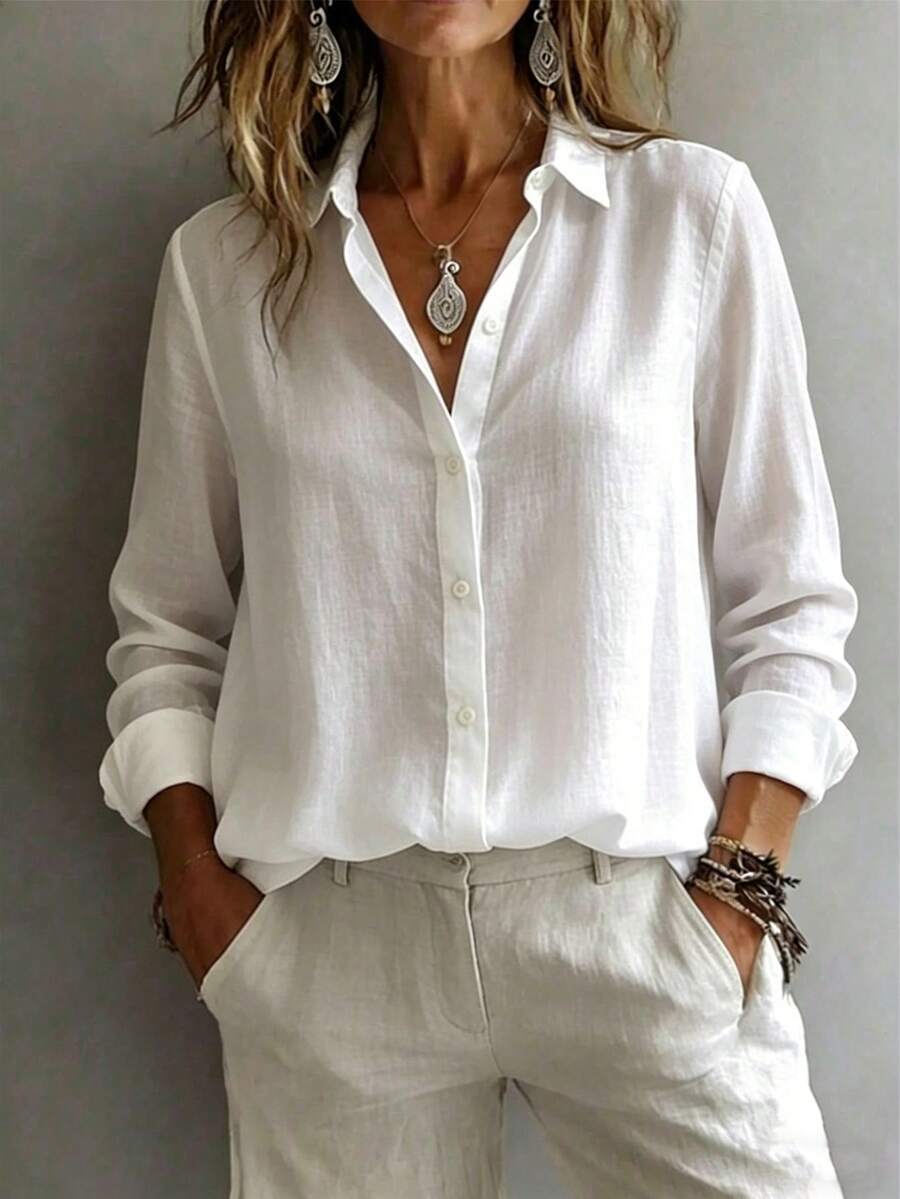 Fashionable Elegant Long Sleeve Collared Shirt Women Versatile Loose Casual Commute Top Solid Color Button Front Daily Office Blouse White - White - View 1