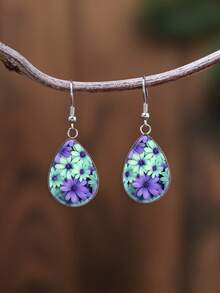 1 Pair Vintage Purple & Green Daisy Cluster Pattern With 316 Stainless Steel Water Drop Ear Hooks, Romantic & Cute Style Suitable For Women's Daily Wear And Gift Jewelry Earrings - Violet Purple - View 2