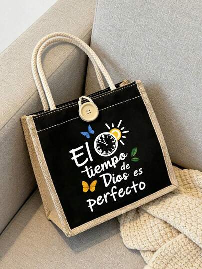 Sacola de juta cristã espanhola "El Tiempo De Dios Es Perfecto", bolsa inspirada na fé com estampa de borboleta e sol, sacola religiosa reutilizável para igreja, uso diário e presentes, grande capacidade, perfeita para compras de supermercado.