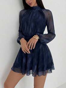 Vestido de manga larga ajustado con silueta de paraguas para mujer, nuevo para otoño/invierno, para uso casual/citas/salidas/maestras, vestido romántico con estampado de teñido anudado en púrpura y cuello alto con lazo en la cintura - Azul marino - Ver 7