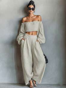 Off-The-Shoulder Crop Top And Wide-Leg Pants Set - Light Grey - View 1