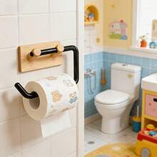 Modern Wall‑Mounted Toilet Paper Holder Wood‑Grain Finish (Plastic Material Only),Drill‑Free Self‑Adhesive Tissue Holder, Dual‑Use Organizer ForKitchen & Bathroom, Sturdy Wood‑Look Plastic, Holds Paper Rolls, Wrap Rags & Toilet Paper, Easy To Install - Multicolor - View 6