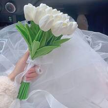 Textura realista, adecuada para novia/dama de honor de boda, ramo de novia artificial de tulipanes blancos y rosa caramelo hechos a mano, accesorios de boda, decoración para el hogar, fiesta de boda, Día de San Valentín - Blanco - Ver 7