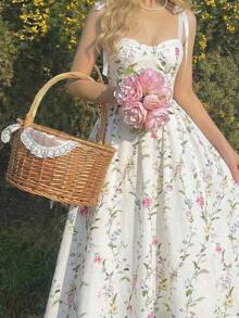 MOD Vestido midi elegante con estampado floral y hombros con lazo, adecuado para vacaciones - Multicolor - Ver 1
