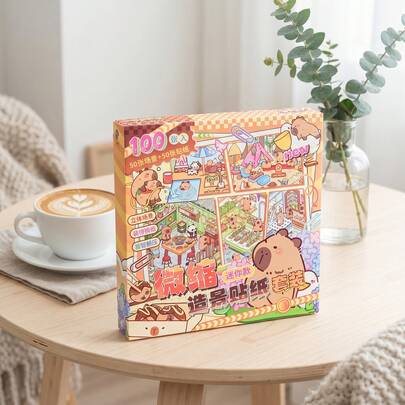 101片迷你贴纸盒，包含50片纸板场景+50片PET贴纸和1个镊子（颜色随机），水豚系列，手工剪贴簿贴纸，各种风格的DIY装饰贴纸，适用于装饰贴纸、减压、放松、送朋友的礼物、DIY 3D迷你风景放松自粘工艺品、圣诞节、生日礼物。