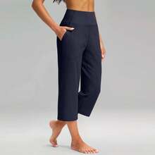 Pantalones elásticos de cintura alta 3/4 para mujer, pantalones capri informales de ajuste activo, pantalones con bolsillos, pantalones deportivos informales de color sólido - Marina de - Ver 4