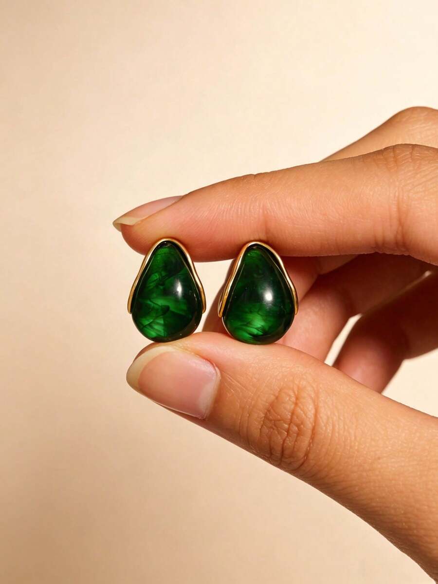 1Pair New Arrival Retro Simple Elegant Green Resin Stud Earrings For Women Fashion Cute Geometry Jewelry Accessories Gifts - Multicolor - View 1