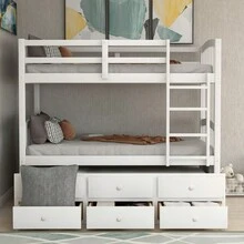 Twin Bunk Bed With Ladder Safety Rail Twin Trundle Bed With 3 Drawers For Teens Bedroom Guest Room Furniture White (OLD SKU :LT000071AAK) - 白色 + 實木1 - 查看 3