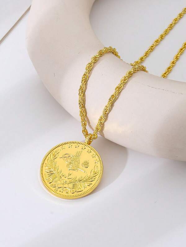 1pc 22K Gold Plated Coin Shaped Pendant, Middle Eastern Women's Fashion Necklace, Vintage Palace Style, Bridal Party Holiday Outfit Accessory