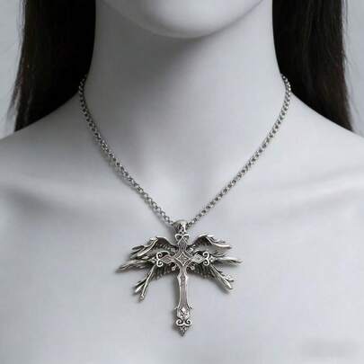 QTHOPE 1 pieza Collar con colgante de alas de ángel oscuro vintage exagerado y cruz