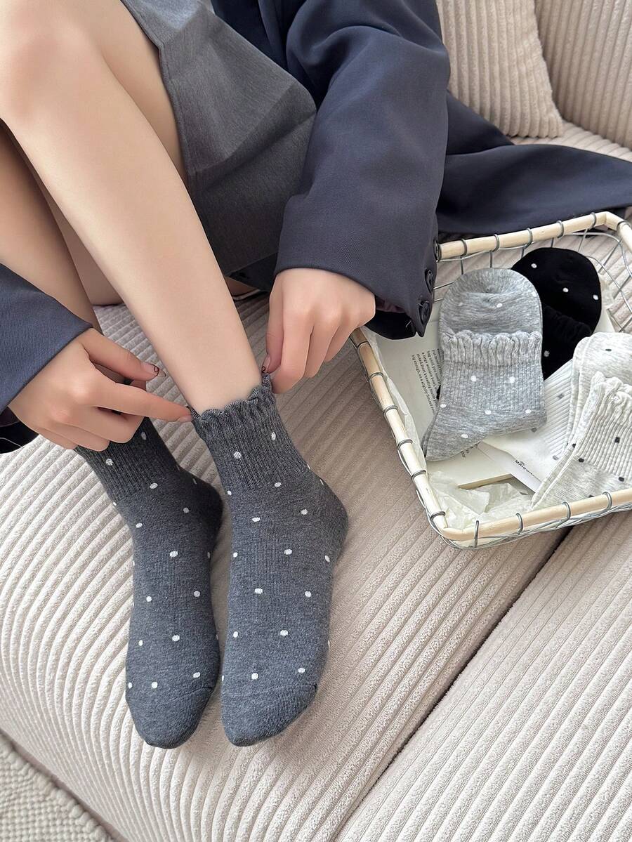 2/3/5双装女士彩色日式荷叶边波点短袜,亲子装,高弹力,抗菌防臭,柔软舒适,四季皆宜,透气针织面料,简约风格,居家、通勤、聚会、休闲度假、节日礼物 - 彩色 - 查看 1