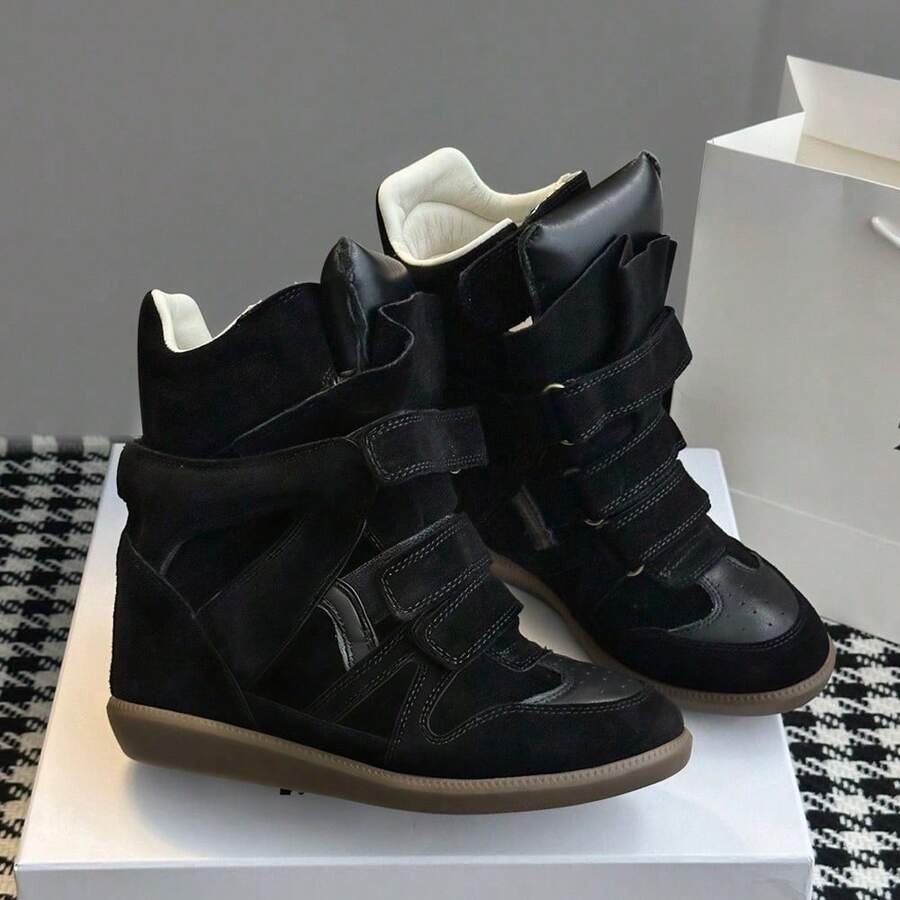 New Women's Suede Sneakers (Model Year 2026): Hidden Wedge Heel, Lightweight Upper, Concealed Reinforced Heel, Retro Street Style - 黑 - 查看 1