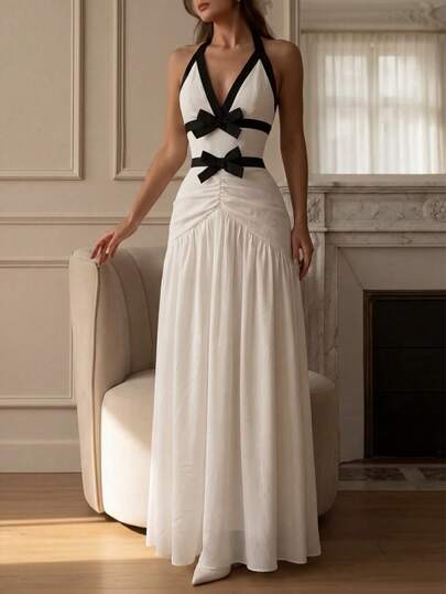 Perirose 女士优雅白色吊带连衣裙，时尚黑色蝴蝶结装饰晚礼服，适合2026年春季高端场合穿着