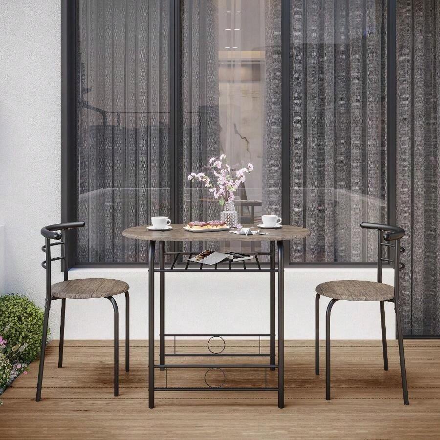 Costoffs 3 Piece Dining Table Set Modern Kitchen Table Set Space Saving Table And 2 Chairs Set With Steel Legs/Storage Rack For Kitchens/Balconies/Bedrooms/Apartments/Cafés, Natural/Drift Brown/White - Drift Brown - View 1